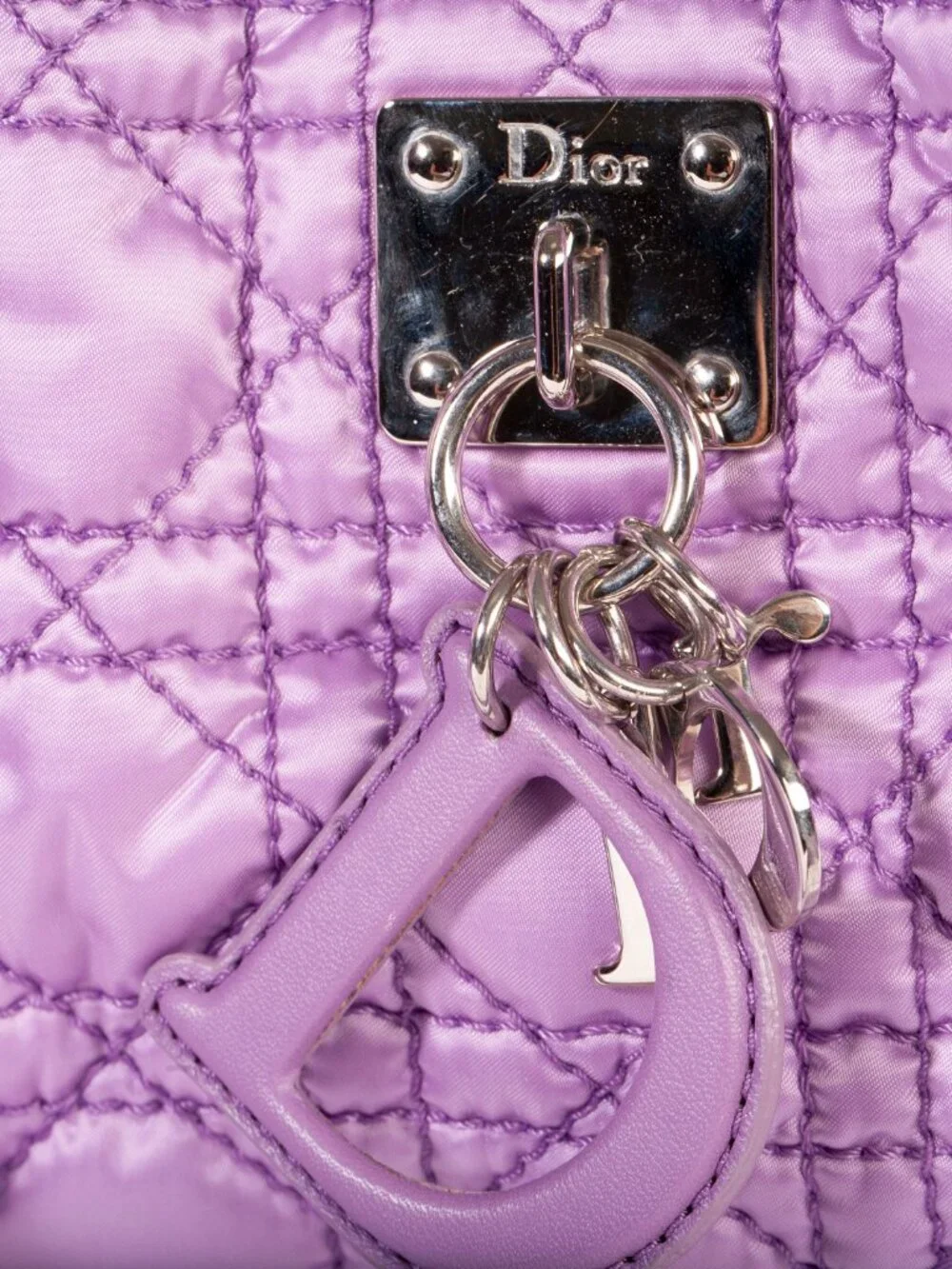 Authentic Christian Dior Light Purple Cannage Quilted Satin Nylon Charming Tote